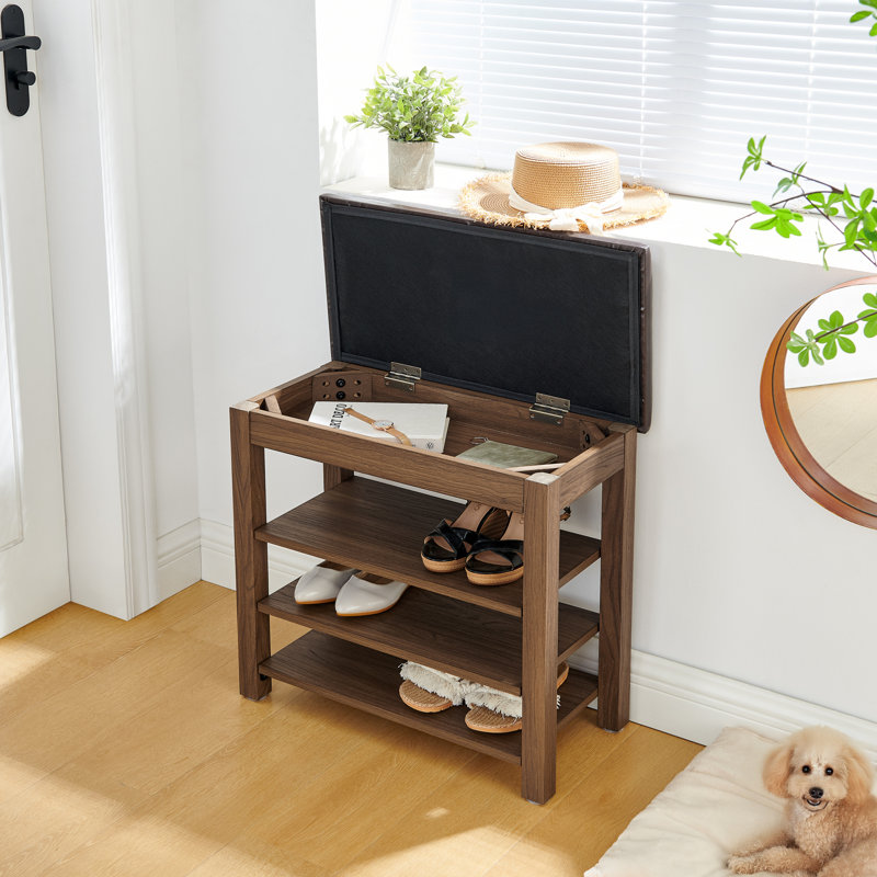 Comfortable Height-Adjustable Stool, Brown Rubberwood, Leather, Storage Space And Practical Bench, Adjustable Height, Three Layers Of Ventilation