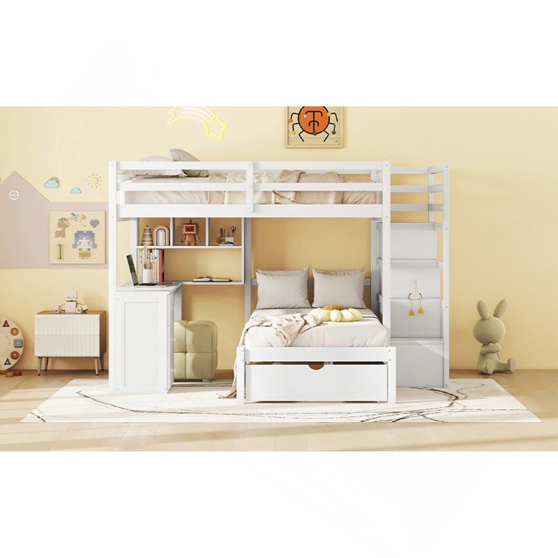 Lit superposé double au-dessus de simple avec bureau, tiroirs et tablettes, blanc