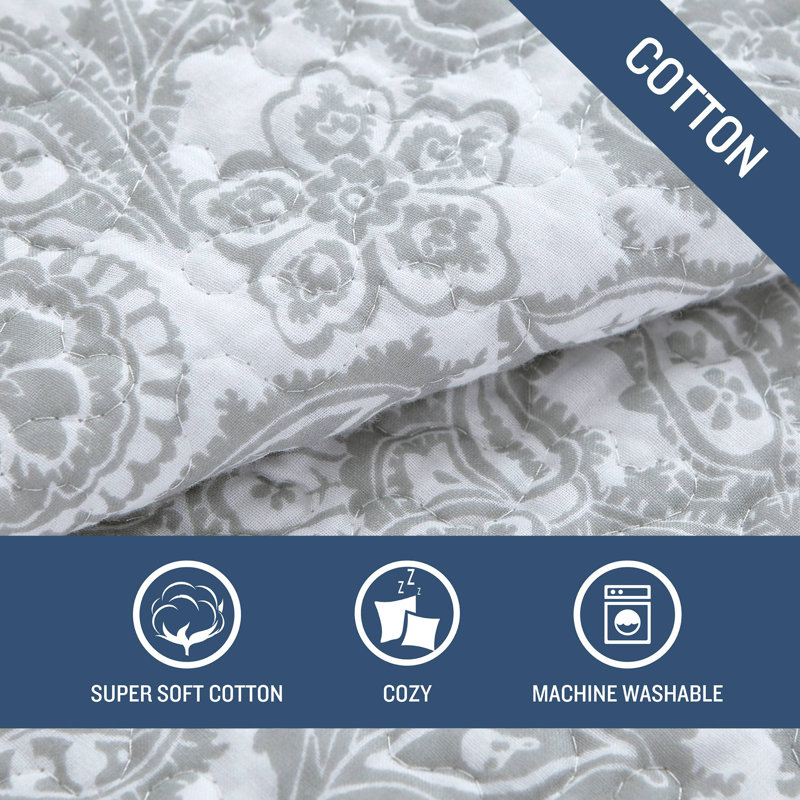 Gray Floral Cotton Reversible Full/Queen Quilt Set