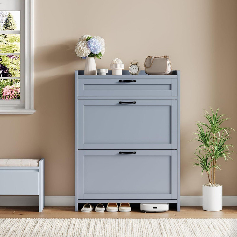 Shoe Cabinet with 2 Flip & 1 Top Drawer, Wooden Adjustable Organizer for Entryway & Living Room, Blue, 3