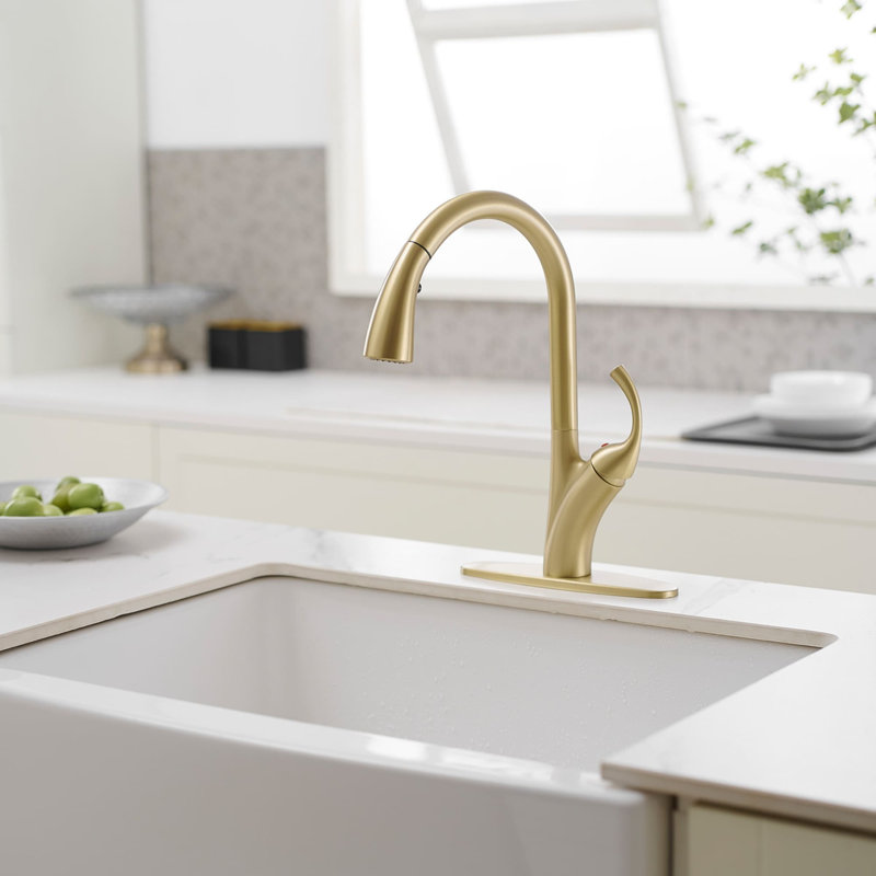 Robinet de cuisine à un trou avec douchette et robinets de lavabo à poignée simple, Or brossé