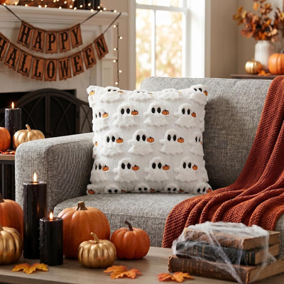 Halloween Ghost Pumpkin Throw Pillow Covers | Spooky Plush Faux Fur Cushion Cases for Seasonal Home Décor