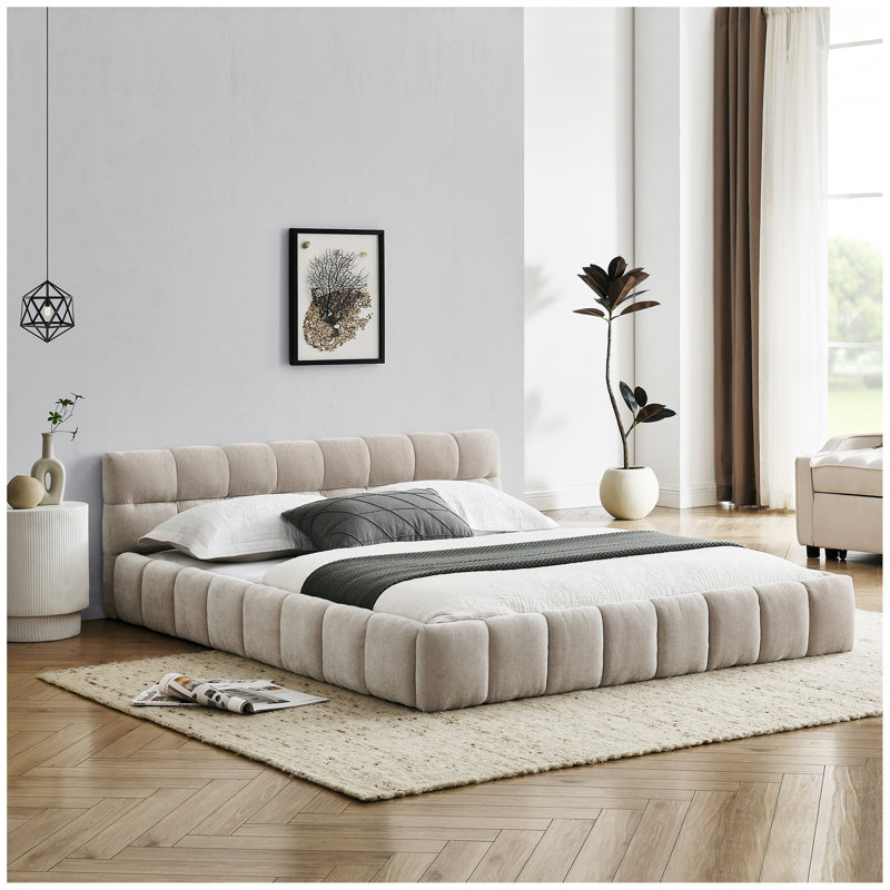 Structure de lit tapissier avec tissu épais, lit plateforme en chenille avec tête de lit et structure solide. Aucun sommier tapissier requis