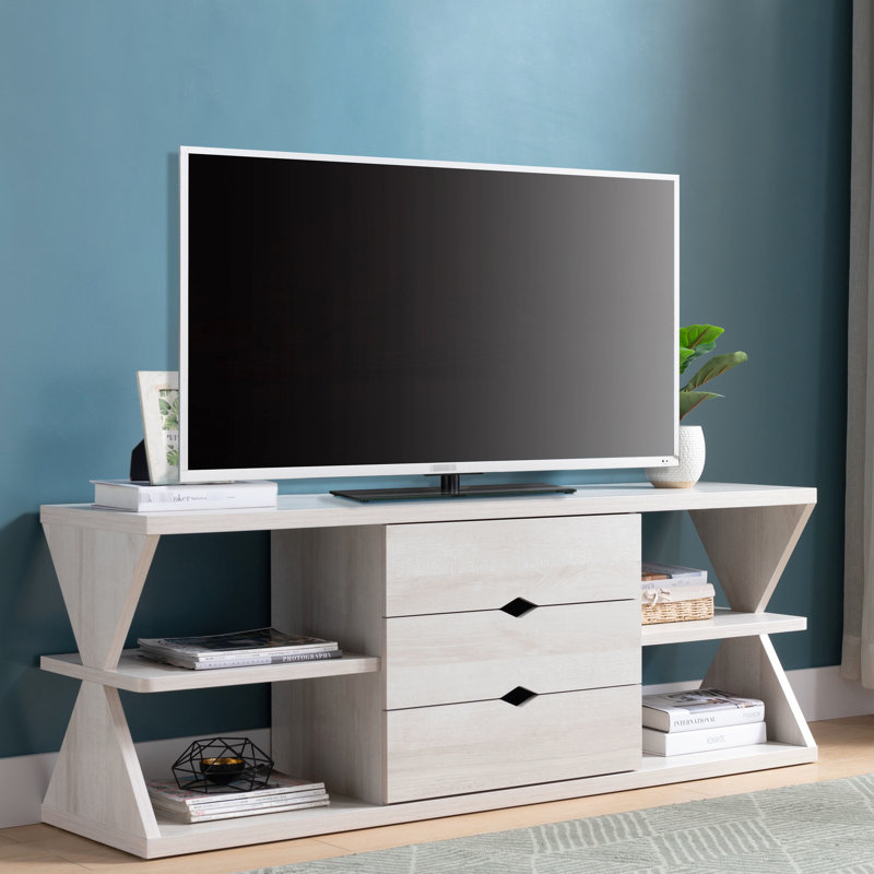 Stylish Tv Stand In White Oak With Four Shelf Places And Three Drawer Spaces Modern Holder Areas Compartments For Audio Equipment
