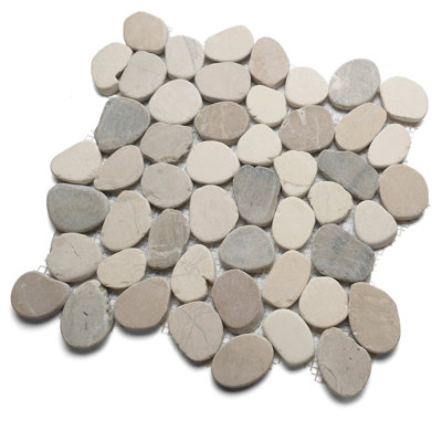 CNK Tile Sliced Mixed White Tan & Grey Pebble Tile - 12" X 12" Hand-Sorted Natural River Stones For Seamless Installation Shower Floors Backsplashes & Home Décor - Durable Easy-To-Maintain - Pack Of 1