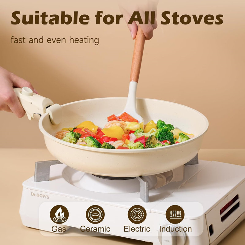 Ensemble de 25 casseroles et poêles antiadhésives avec poignées amovibles, beige