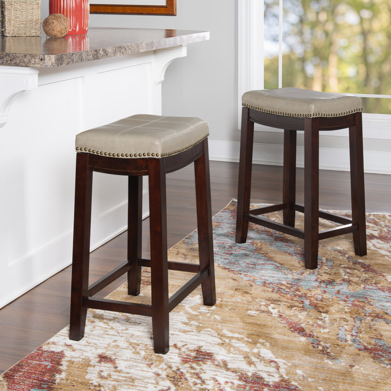 Arlyce 26.5" Solid Wood Backless Counter Stool with Vegan Leather Upholstered Seat, Beige, Counter Stool (26.5" Seat Height)