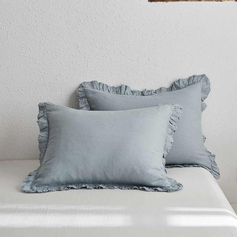 Dusty Blue King Size Linen Ruffled Duvet Cover Set