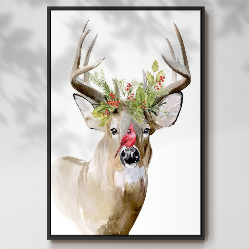 «Holiday Deer II», reproduction d'art sur toile, Cadre noir, H 25 po x l 17 po x P 1,5 po