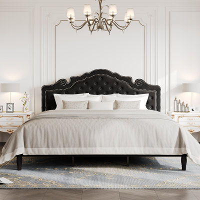 Tête de lit plateforme en forme de tête de lit capitonnée en velours Antonious, réglable en hauteur à 3 niveaux, sans sommier, rangement sous le lit