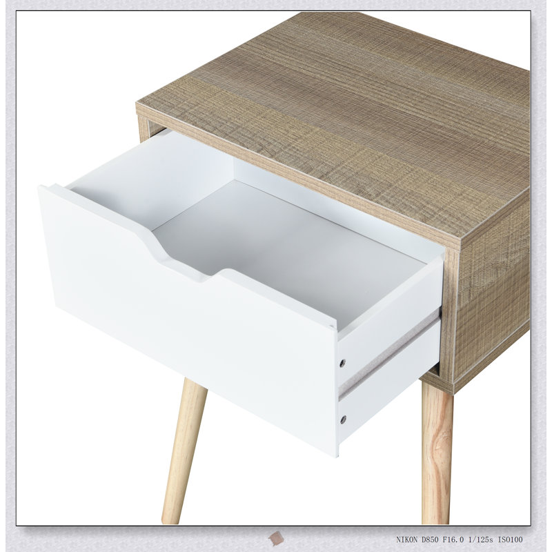 Table d'appoint Mid-Century moderne avec 1 tiroir et pieds en bois d'hévéa durables, parfaits pour le rangement et l'élégance.