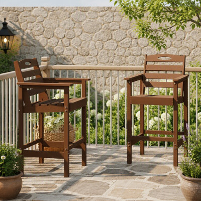 Ensemble de 2 chaises de bar hautes de style Adirondack en PEHD, tabourets de patio surdimensionnés et résistants aux intempéries, brun