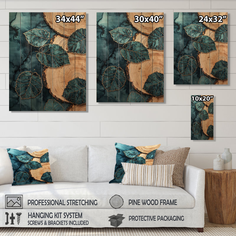 Agate River Of Leaves Wood Slide III - Leaves Wood Wall Decor - On Natural Pine Wood, 44" H x 34" W x 0.78" D