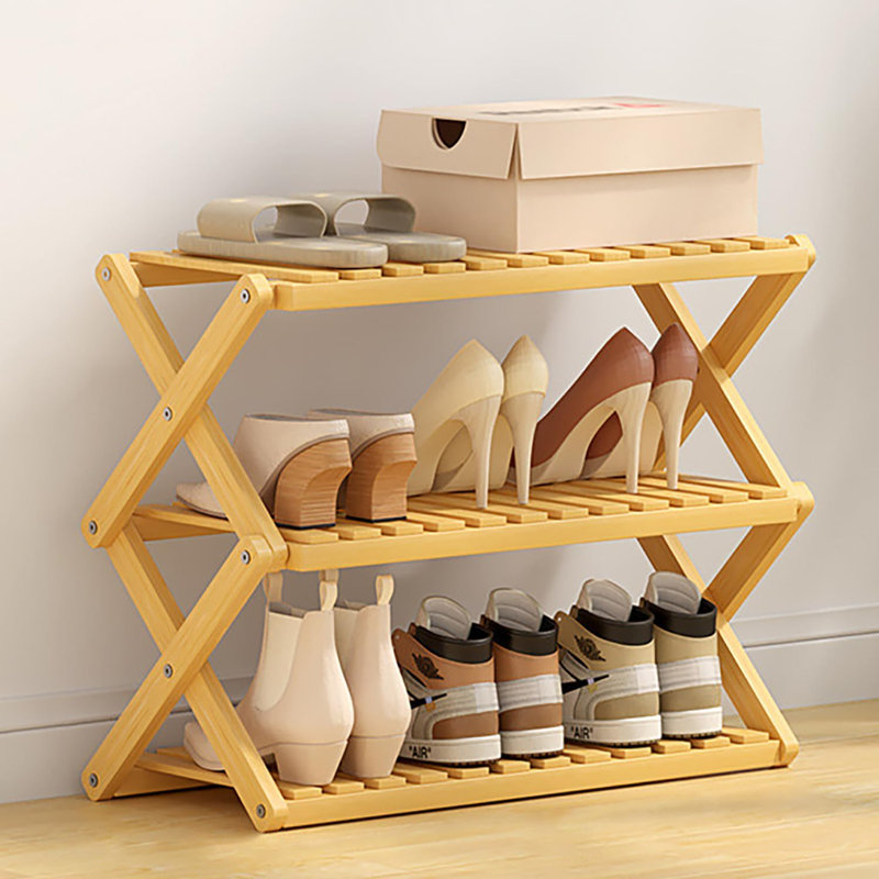 Bamboo Foldable Shoe Shelf with 3 Rows, Nature