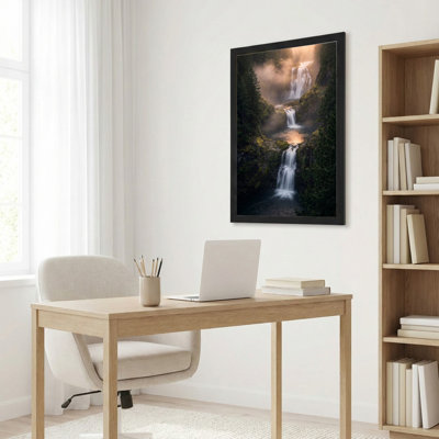 Toile noire encadrée en bois noir pour le salon, la chambre à coucher, le bureau ou le vestibule - décoration murale décorative avec forêt cascade