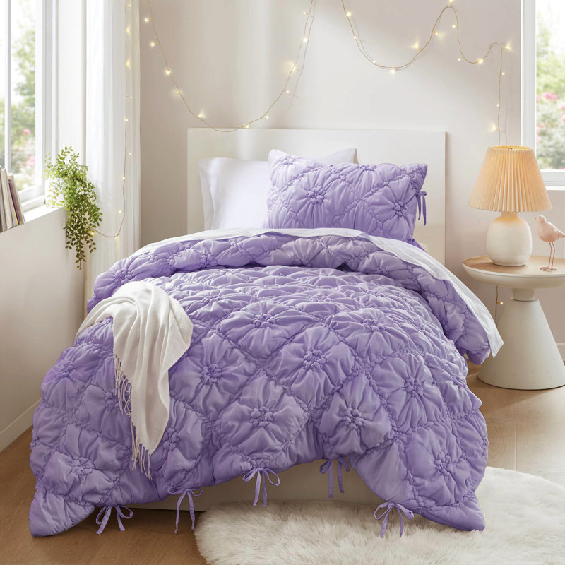 Couette 2 pièces pour lit simple, motif floral texturé violet, détails à nouer, douceur incomparable, en microfibre respirante, confort toutes saisons, lavable à la machine