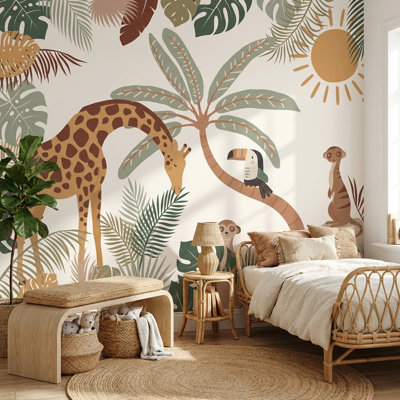 Papier peint tropical Girafe Toucan
