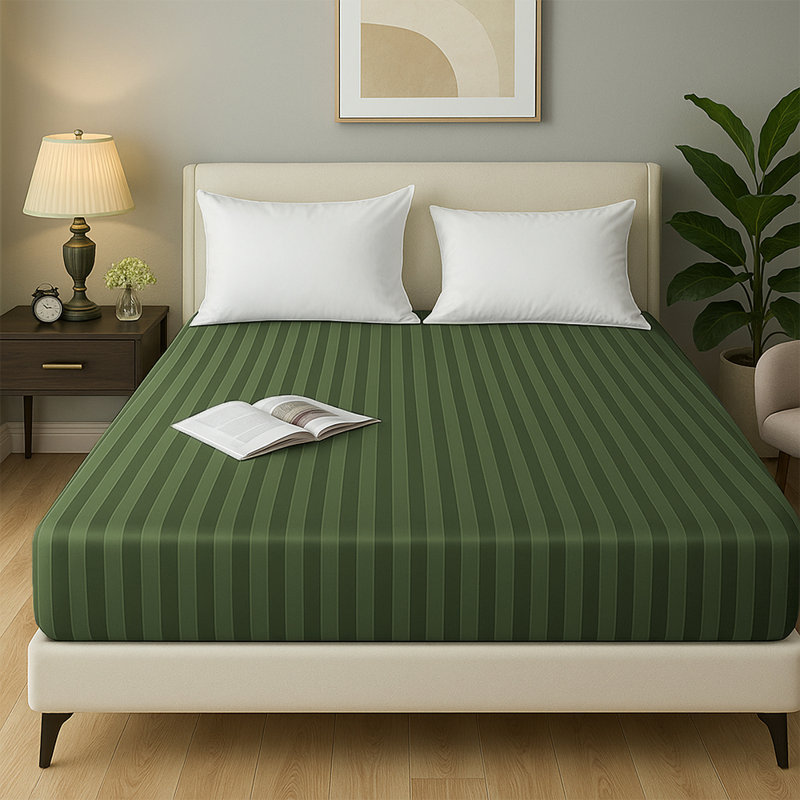 Tabbitha Striped Microfiber Standard Fitted Sheet, Olive Green, Double (4'6)