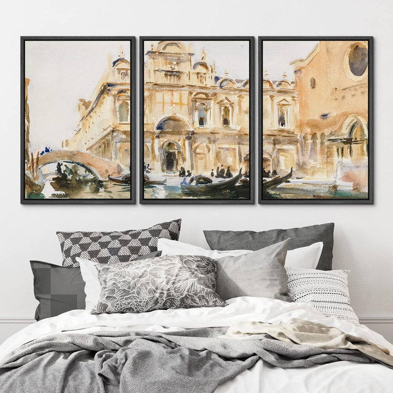 Gondole italienne, paysage urbain, rivière, 3 pièces, H 24 po x l 16 po x P 1,5 po, Noir