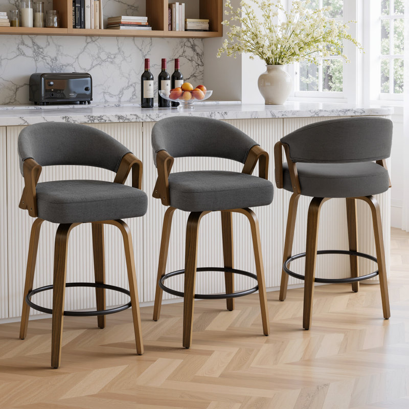 Tabouret de bar pivotant à 360 ° de style Mid-Century moderne en noyer avec dossier courbé rembourré (ensemble de 3), Gris, 3
