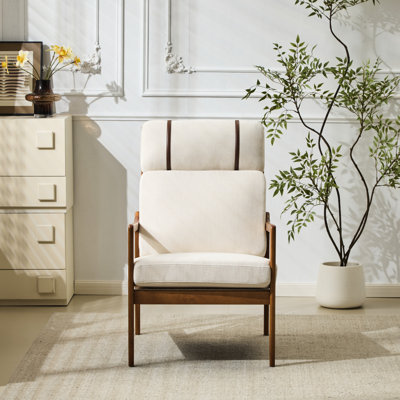 Chaise longue Mid-Century moderne avec structure en bois massif et revêtement beige. Des sièges confortables pour se détendre dans n'importe quelle pièce. Facile à nettoyer. 26,21 de profondeur, 36,86 de largeur, 38,37 lb de structure de fauteuil, dossier haut,