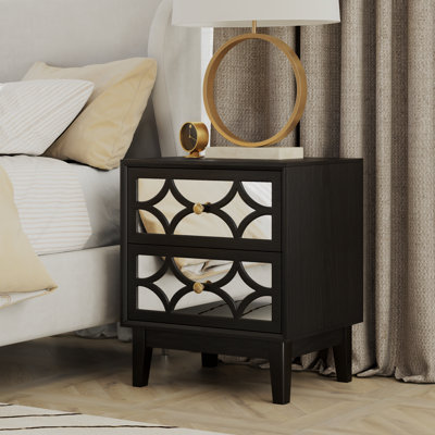 Table de chevet moderne à 2 tiroirs avec façades en miroir en noir