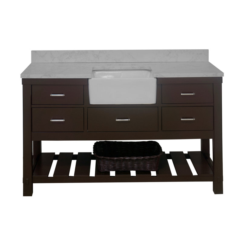 Ensemble de meuble-lavabo simple 60 po Hitton, Chocolat, Carrare d'ingénierie