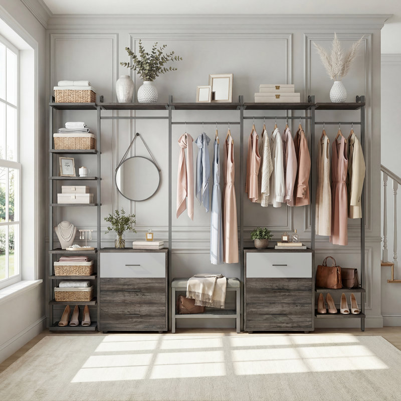 68" W -96" W  Closet System with 6 drawers with Wardrobe Racks, Silver/Gray