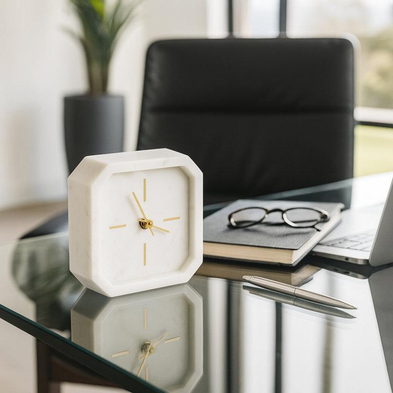 Horloge de table en marbre Aparicio, H 6 po x l 6 po x P 2 po, Blanc