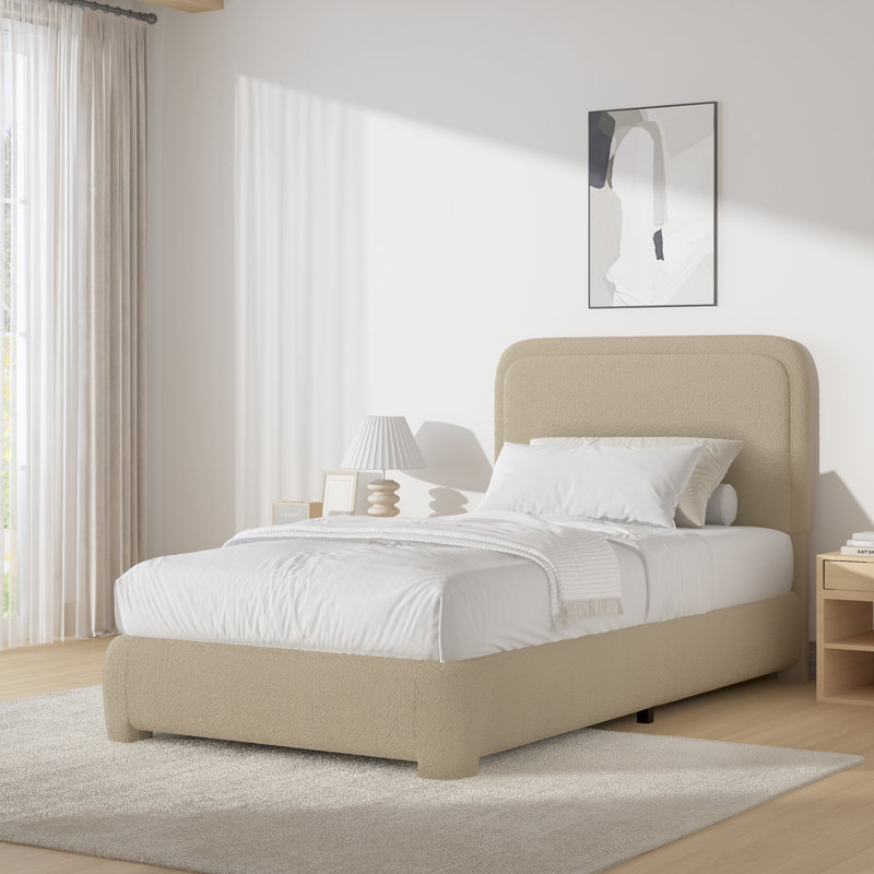 Ensemble de lit plateforme tapissier avec 2 tables de chevet fermières Boucle - Ensemble de chambre à coucher 3 pièces, Beige