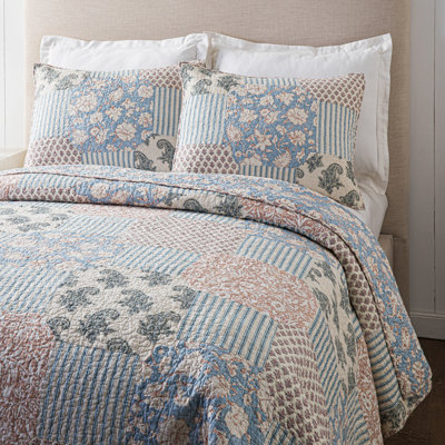 Blue Standard Cotton Reversible 3 Piece Quilt