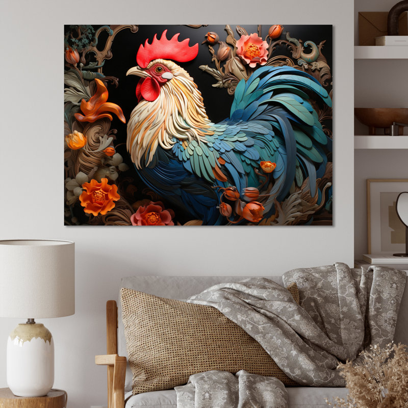 Coq bleu avec fleurs orange, H 12 po x l 20 po x P 1 po, Toile tendue