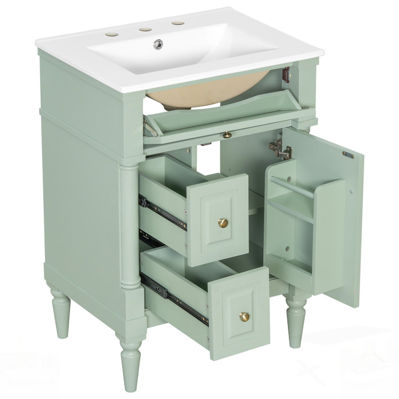 Meuble-lavabo autoportant avec lavabo, tiroir rabattable, tablette réglable et structure en bois d'hévéa durable pour les salles de bain modernes