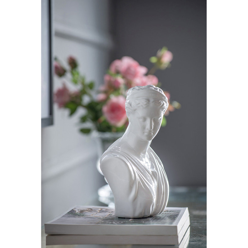 9” Tall White Ceramic Female Bust Statue, Transitional Goddess Sculpture, for Living Room, Entryway, Office, or Centerpiece Display