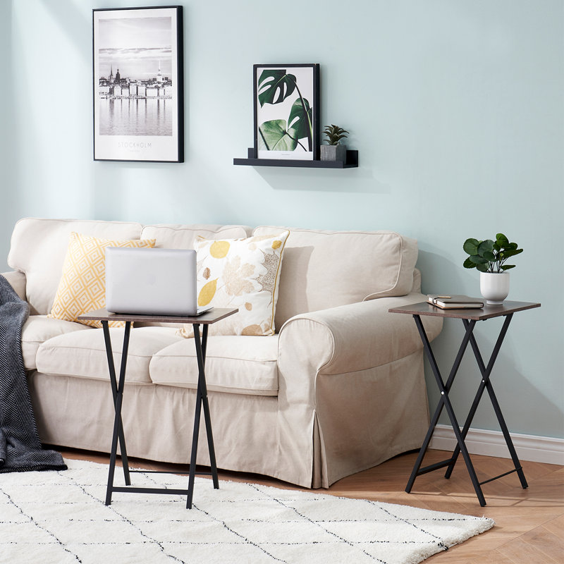 Folding Side Table with Cup Holder, Industrial Side Table for Living Room, Bedroom, Coffee/Black