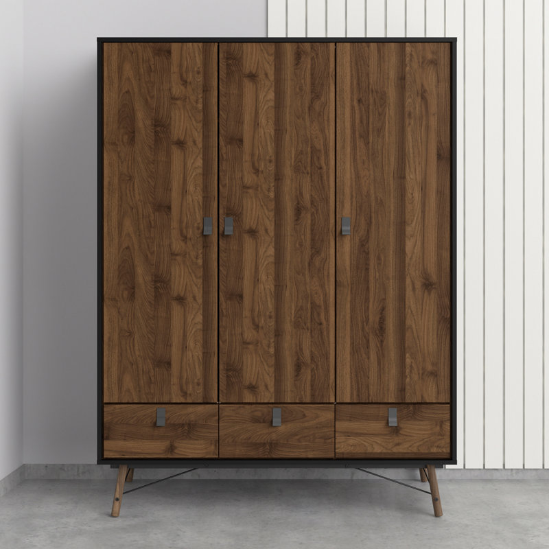 Levine 3 Door Manufactured Wood Wardrobe, Walnut/Black