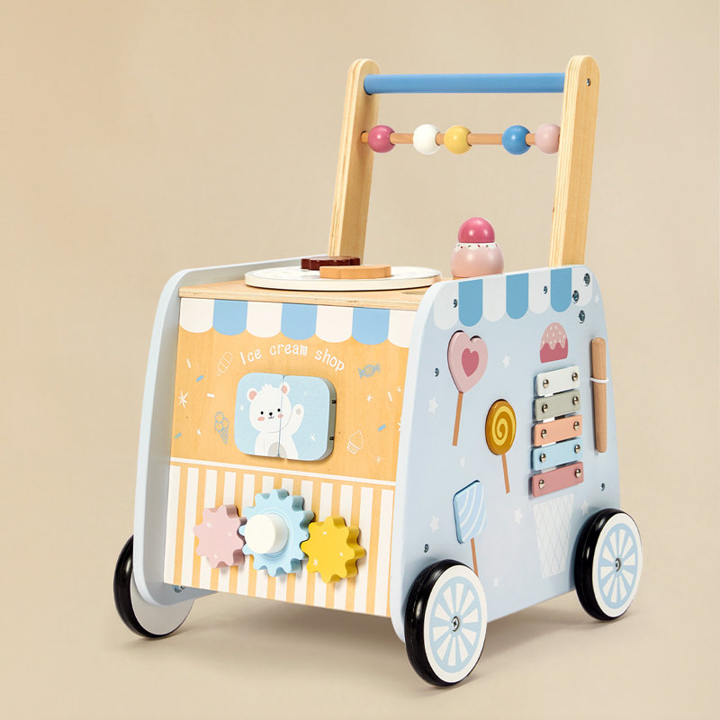 Poussette en bois pour bébé avec centre d'activités pour la crème glacée, trotteur Montessori pour tout-petits avec trieur de formes, labyrinthe et roues en caoutchouc