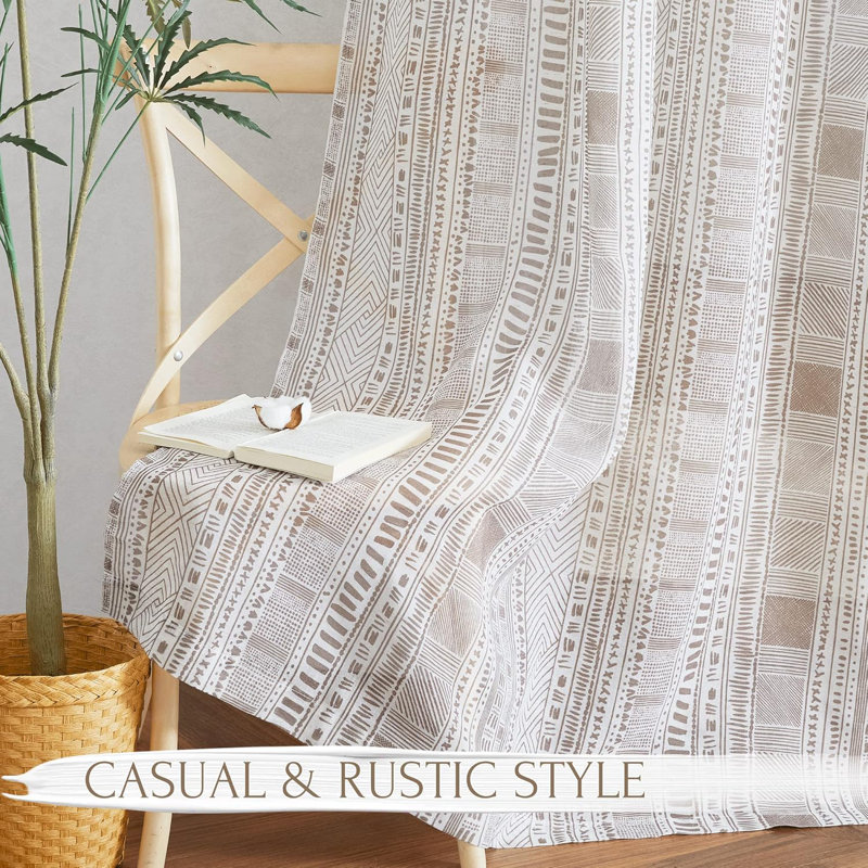  Boho Curtains for Living Room Flax Linen Sheer, Farmhouse Semi Sheer Curtains with Bohemian Stripe Pattern, Privacy Light Filtering Drapes for Bedroom/Dining Room, 1 Pair