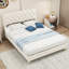 Lit double beige avec tête de lit, support stable, rembourrage, structure simple et élégante, bien conçu pour le sommeil, tête de lit ajoute du style, répond aux besoins spatiaux