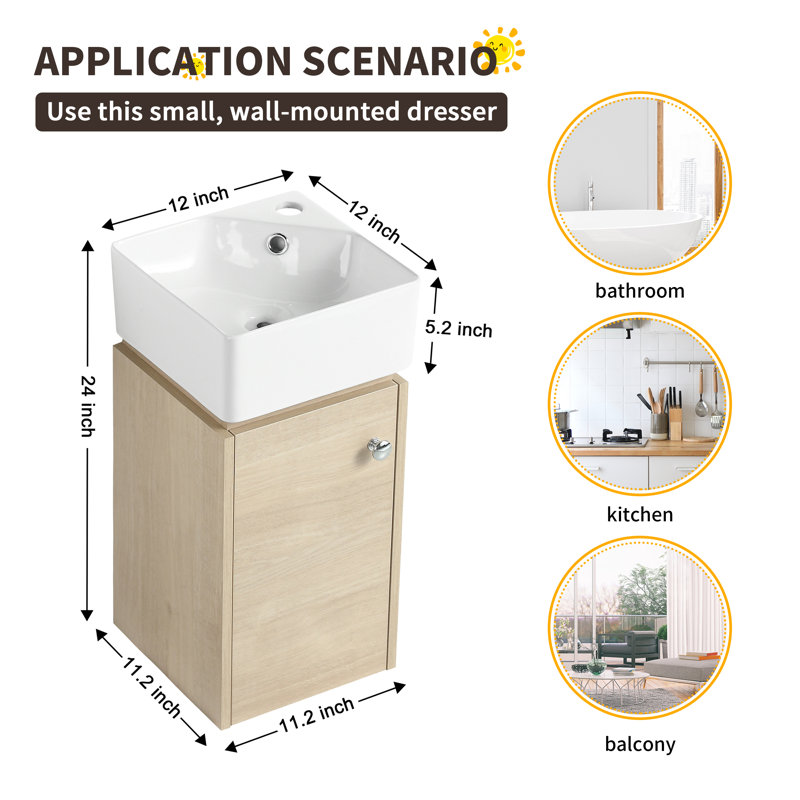 Rossendale 12" Wall-Mounted Single Bathroom Vanity Set, Small Floating Bathroom Vanity with Ceramic Basin Sink Top, 1 Door