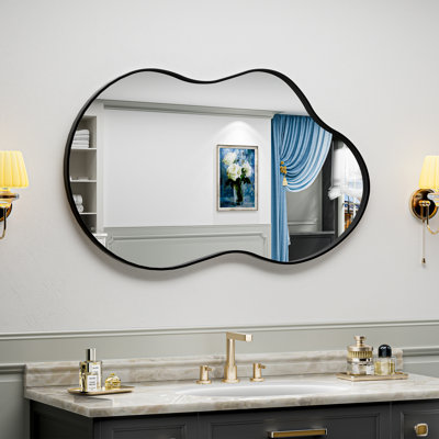 Matte Black Asymmetrical Cloud Shape Vanity Mirror with Aluminum Alloy Frame, HD Tempered Glass, French Cleat Mounted Wall Decor Bathroom Vanity Mirror