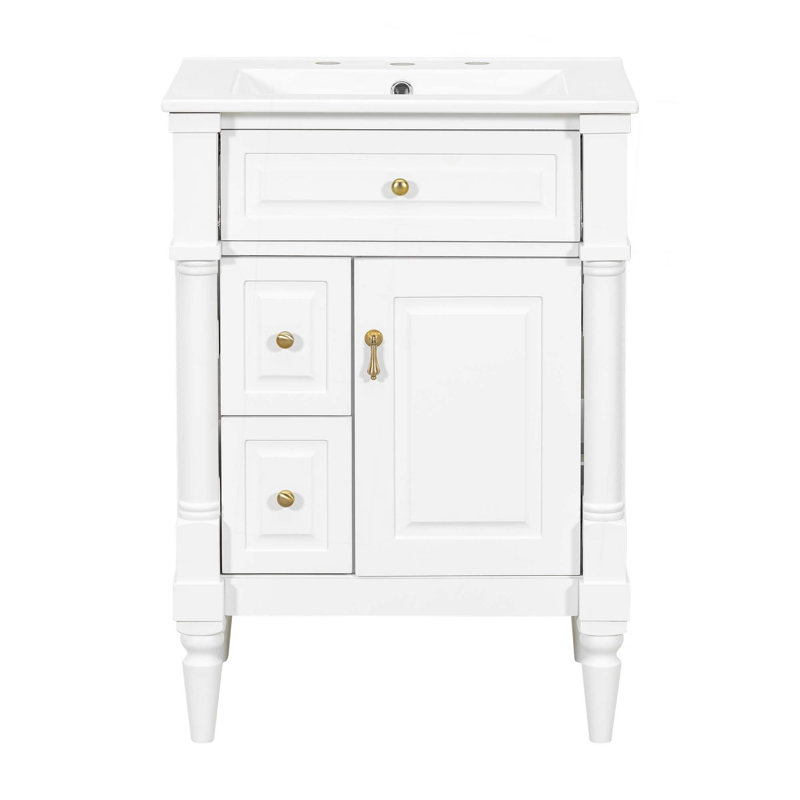 24 Inch Bathroom Vanity With Sink,Bathroom Cabinet With Flip Drawer,Adjustable Shelf,Solid Rubberwood Frame,MDF Panels & Metal Handles