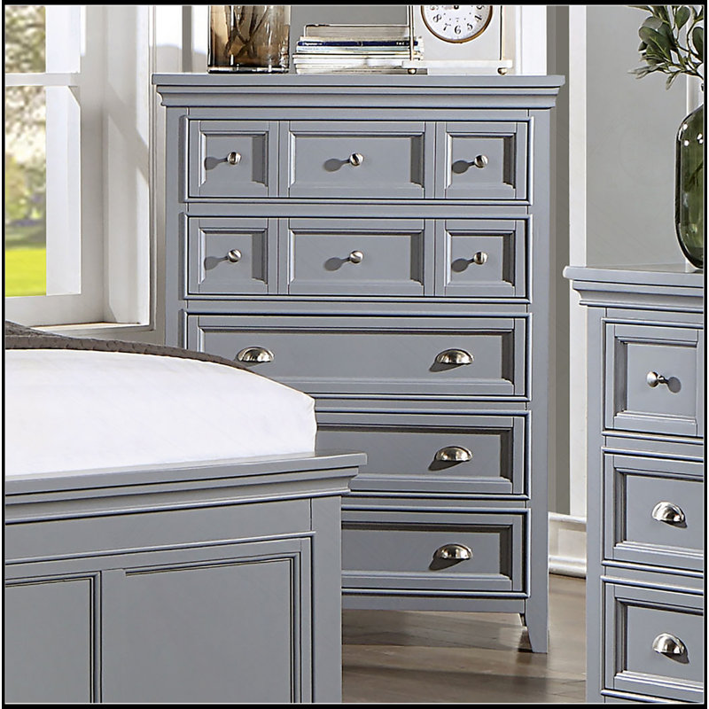 Commode de style transitionnel 1Pc Commode 9 tiroirs et boutons ronds en feutre avec tiroirs à roulement à billes à finition grise