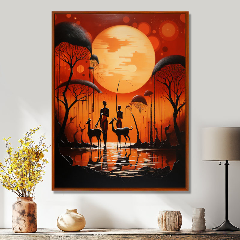 «Full Moon Simplicity Gazelles By The Pind», art mural africain, Toile avec cadre flottant brun, H 32 po x l 16 po x P 1 po