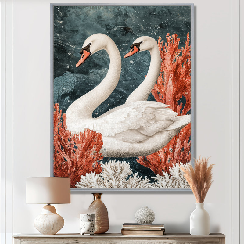 «Two Swans Love Of Elegance II», art mural grand cygnes, H 32 po x l 24 po, Reproduction avec cadre flottant, Argent argent