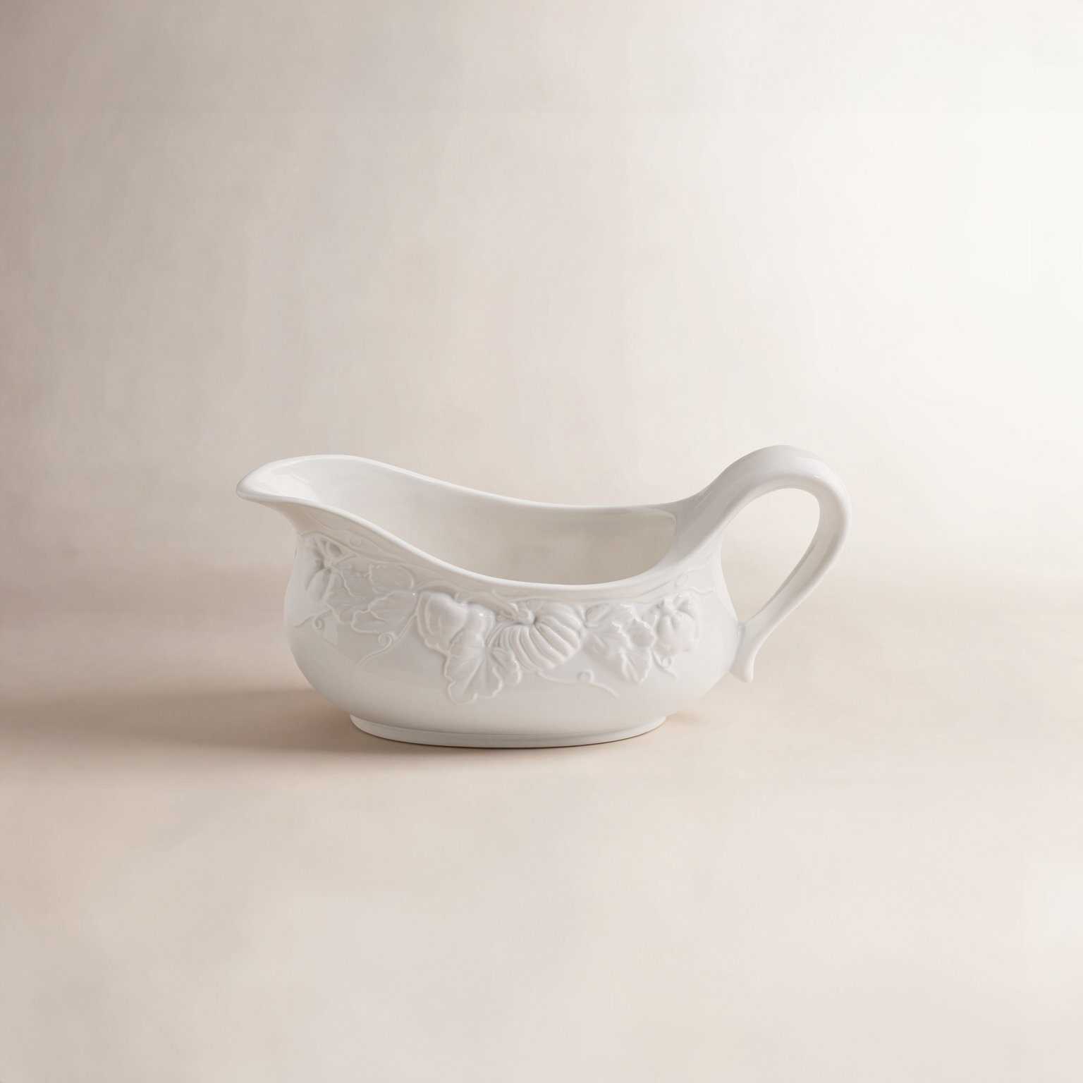 Pumpkin Leaf Gravy Boat, White Embossed Pumpkin Fall Harvest, Made in Italy