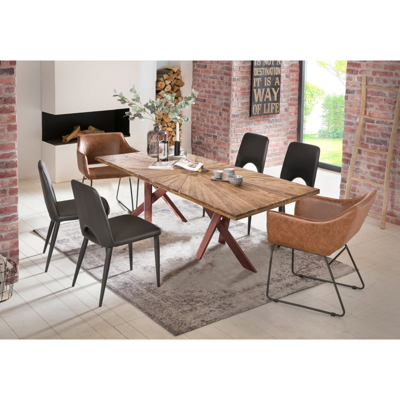 Ligon Teak Solid Wood Top Metal Base Dining Table, H77 x L160 x W90cm, Brown