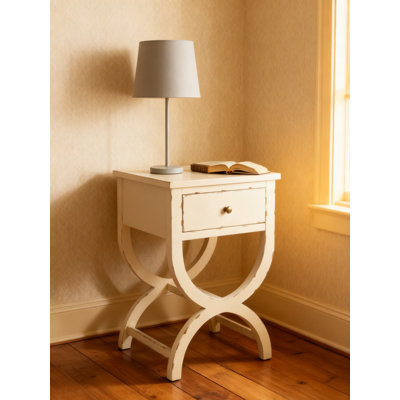 Vintage Cream Accent Table With Drawer, Distressed Finish, Solid Poplar Wood Construction For Living Room, Bedroom, Or Study