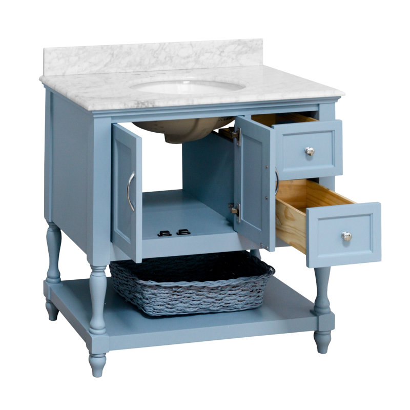 Ensemble de meuble-lavabo simple 36 po Hampton, Bleu poudre, Marbre de Carrare