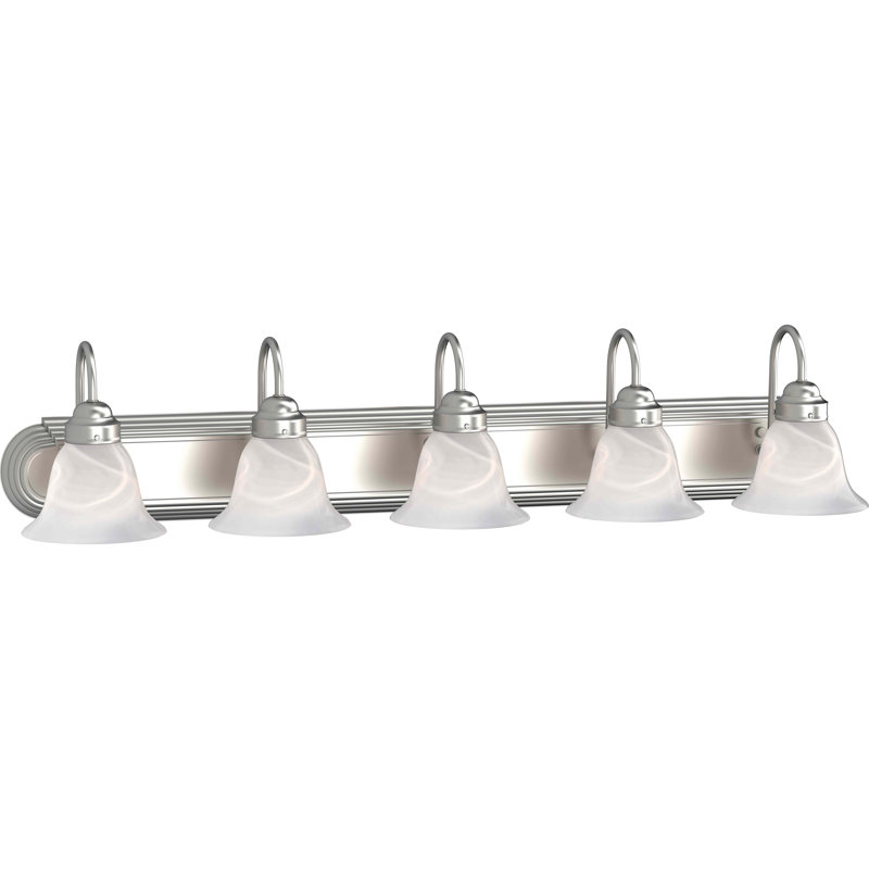 Support pour salle de bain ou meuble-lavabo mural en nickel brossé 5 lumières avec abat-jour en verre albâtre Marti
